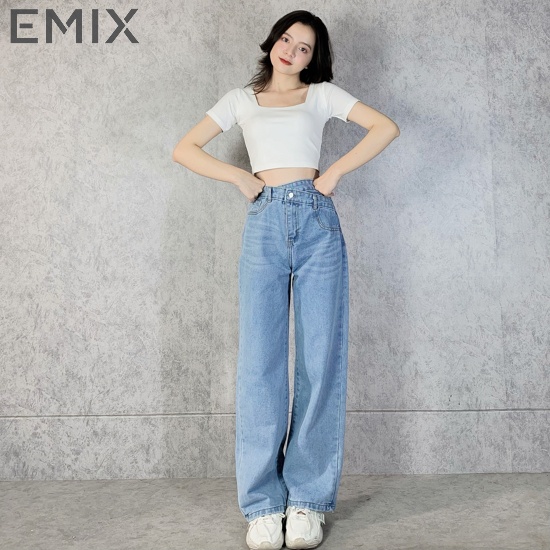 Quần jean nữ đi học EMIX (2 màu), ống suông rộng, dáng dài 95cm, cạp chéo năng động, cá tính, chất jean ít bai xù