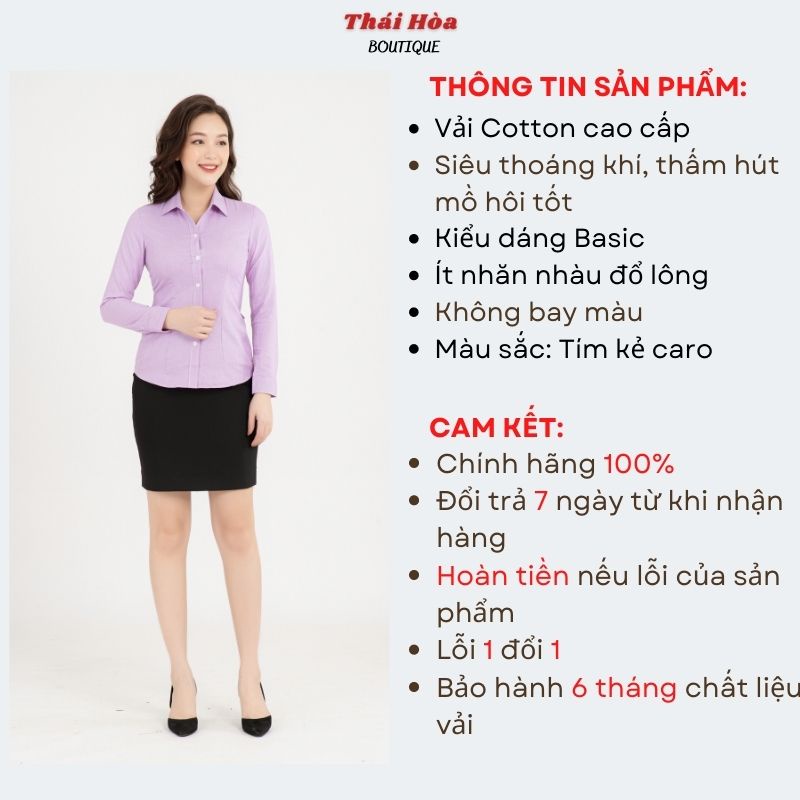 Áo sơ mi nữ kiểu công sở đẹp dài tay kẻ caro màu tím cotton Thái Hoà 65-05-01
