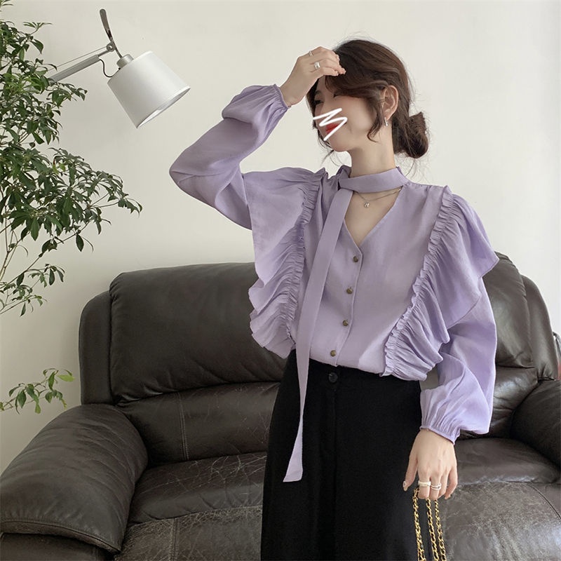 Ethelgirl Áo Sơ Mi Nữ Tay Dài Cổ Chữ v Dáng Rộng Thời Trang