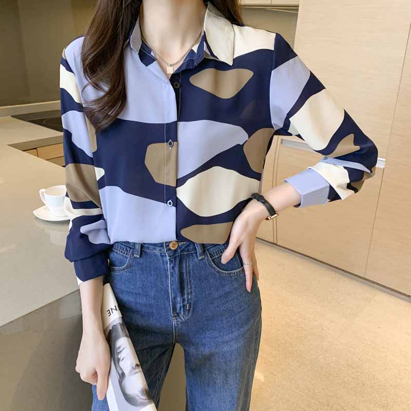 Áo Sơ Mi chiffon Tay Dài In Họa Tiết Phong Cách retro Hàn Quốc Mới Cho Nữ