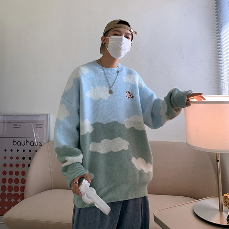 Áo len tay dài dáng rộng họa tiết hoạt hình phong cách thu đông Hàn Quốc cho nam