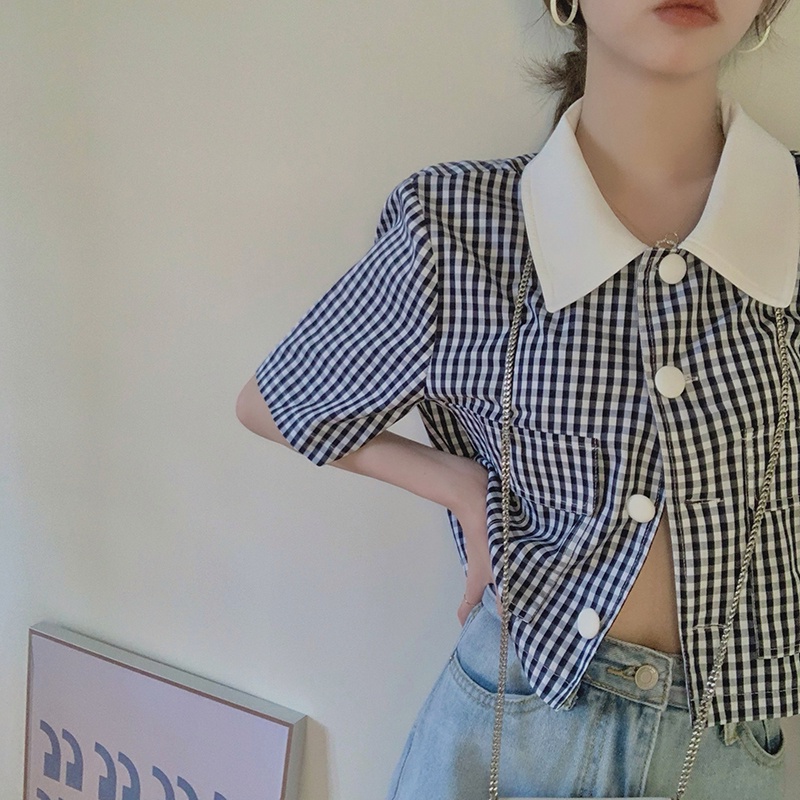 Áo Sơ Mi Tay Ngắn Họa Tiết Sọc Caro Xinh Xắn Thời Trang Mùa Hè Cho Nữ