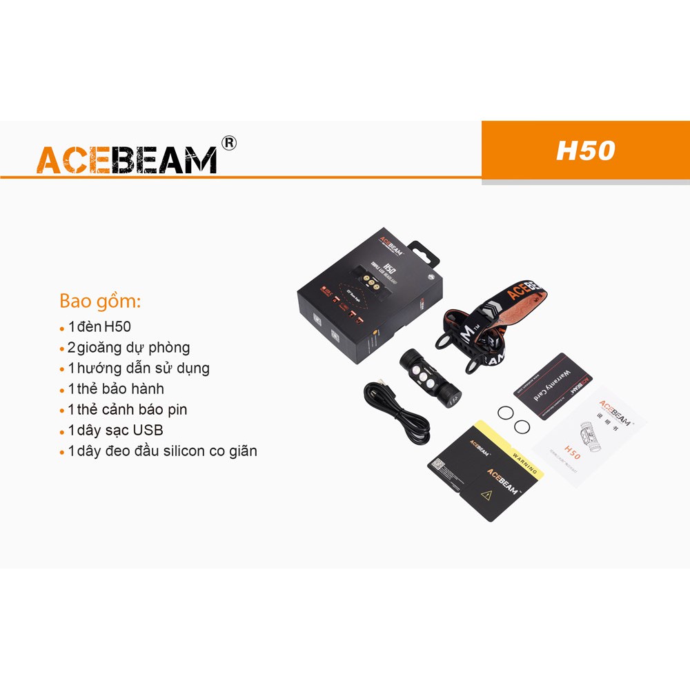 Đèn pin đội đầu ACEBEAM H50 3 LED tùy chọn sáng 2000 lumen xa 137 m sử dụng 1 pin 18650 Đèn &amp; Đèn pin