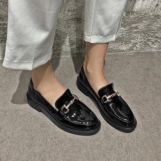 Giày Lười Da Bóng Mũi Tròn Màu Trơn Phong Cách retro Cho Nữ