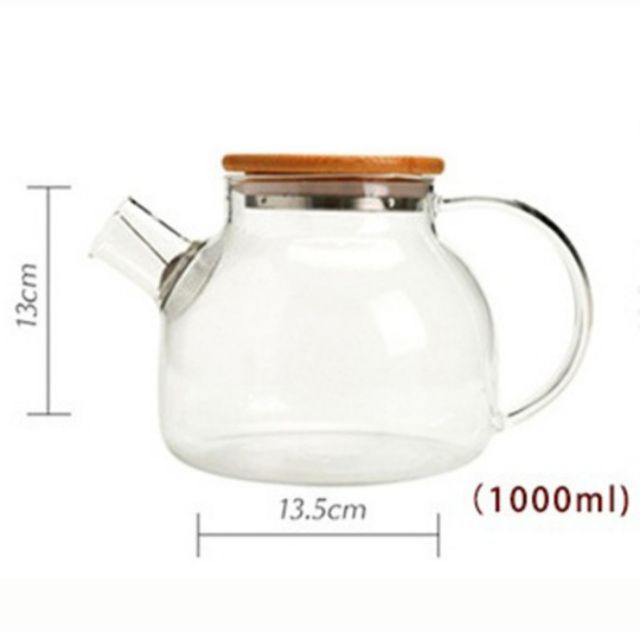 ẤM THỦY TINH NẮP GỖ PHA TRÀ CHỊU NHIỆT 1000ML ( Đun được trên bếp ga, hồng ngoại)