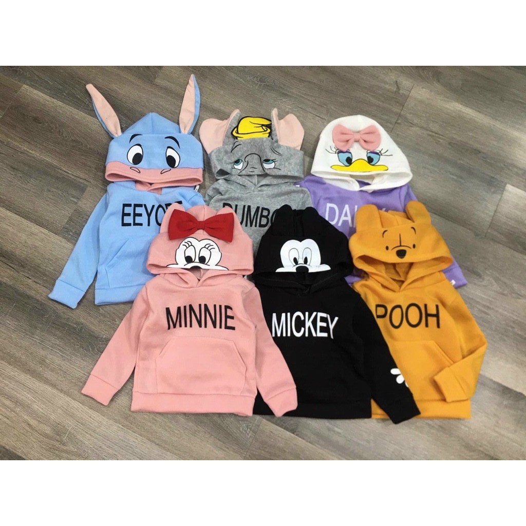 Áo khoác nỉ mũ hoodie hình thú voi-gấu-vịt-lừa-mickey cho  bé trai bé gái từ 6-18kg