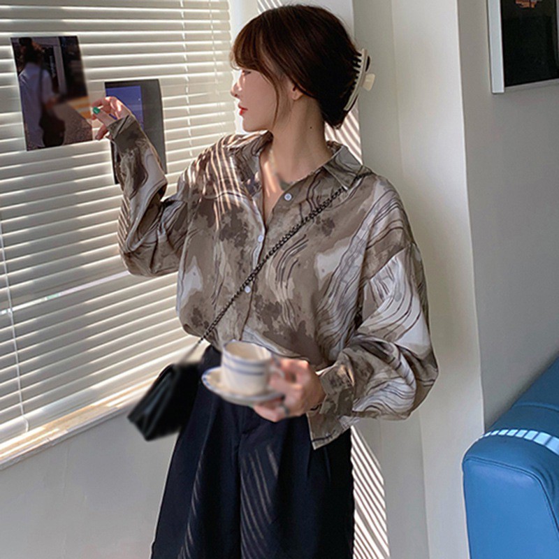 Women's Loose Retro Splash Ink Printing Fashion Long-sleeved Shirt Blouse