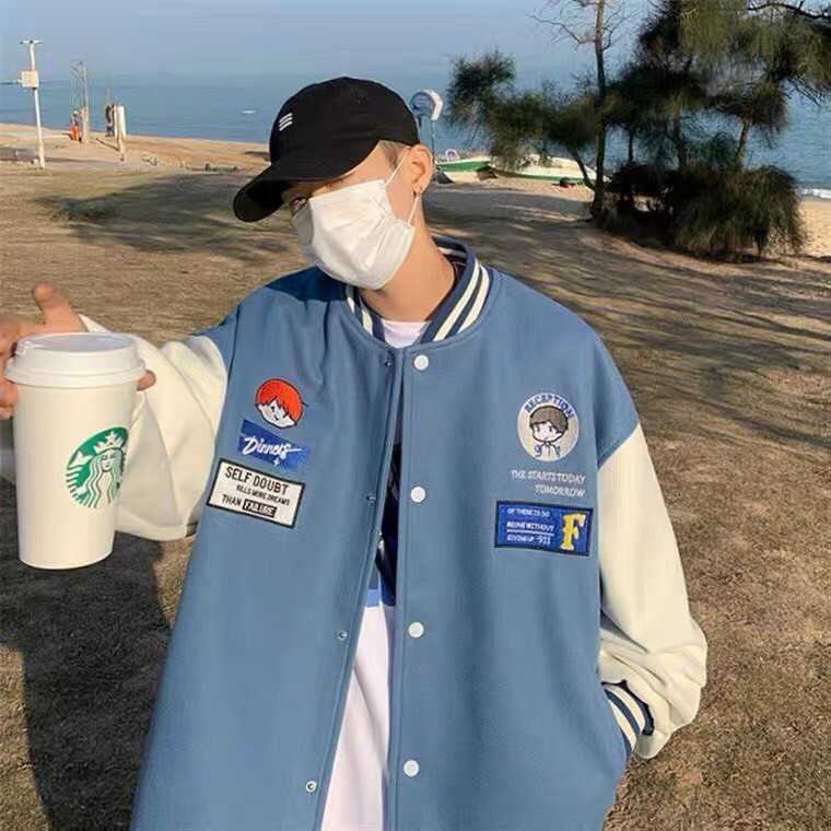 Áo khoác Bomber Jacket Nỉ KNN21 Xanh Dương Unisex Nam Nữ kiểu dáng Ulzzang