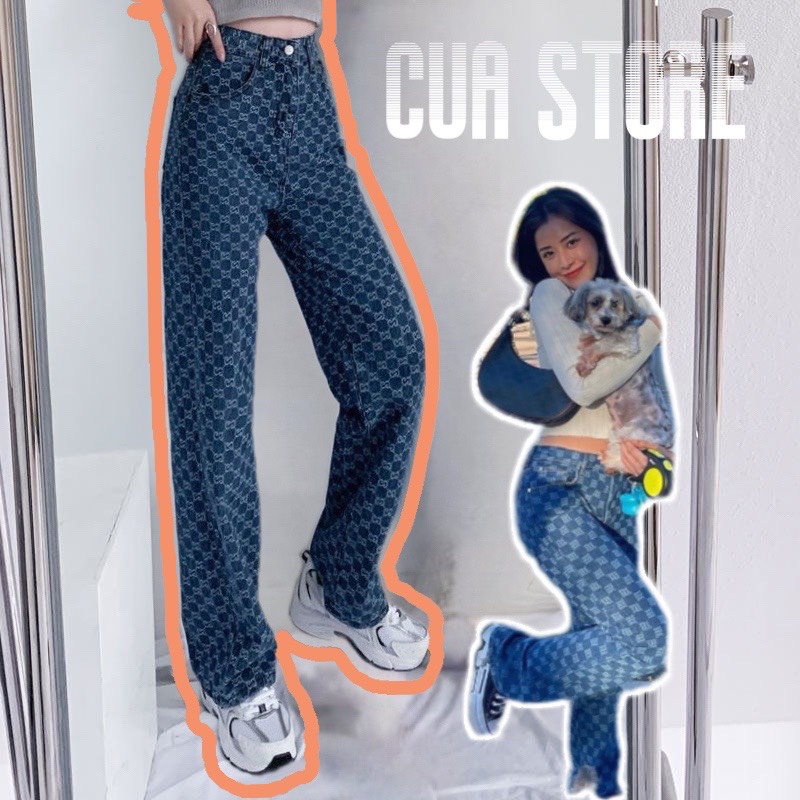 Quần Jean nữ cạp cao màu xanh dương họa tiết cá tính độc lạ hàng Quảng Châu chất đẹp
