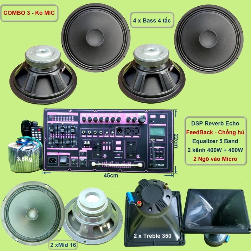 Mạch loa kéo 4 Bass 4 tấc 400W + 400W DSP Reverb Echo có chống hú - Equalizer 5 Band 2 kênh riêng biệt kèm mic pin 18650