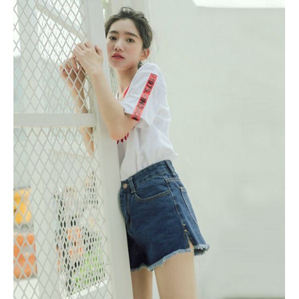 Quần short denim nữ lưng cao ống rộng