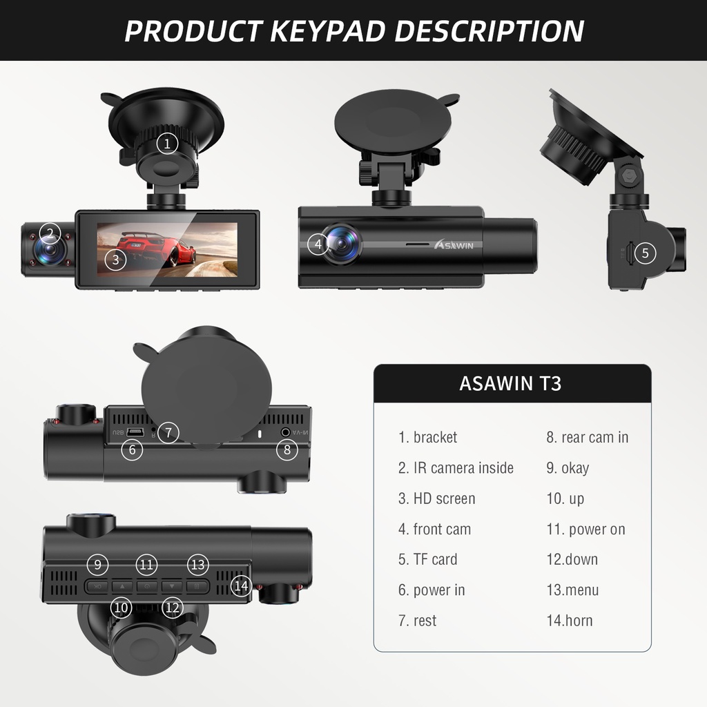 Camera hành trình ASAWIN T3 Fhd 1080P+1080P+480P 3 kênh phía trước và phía sau giám sát cho ô tô/ xe tắc xi Uber