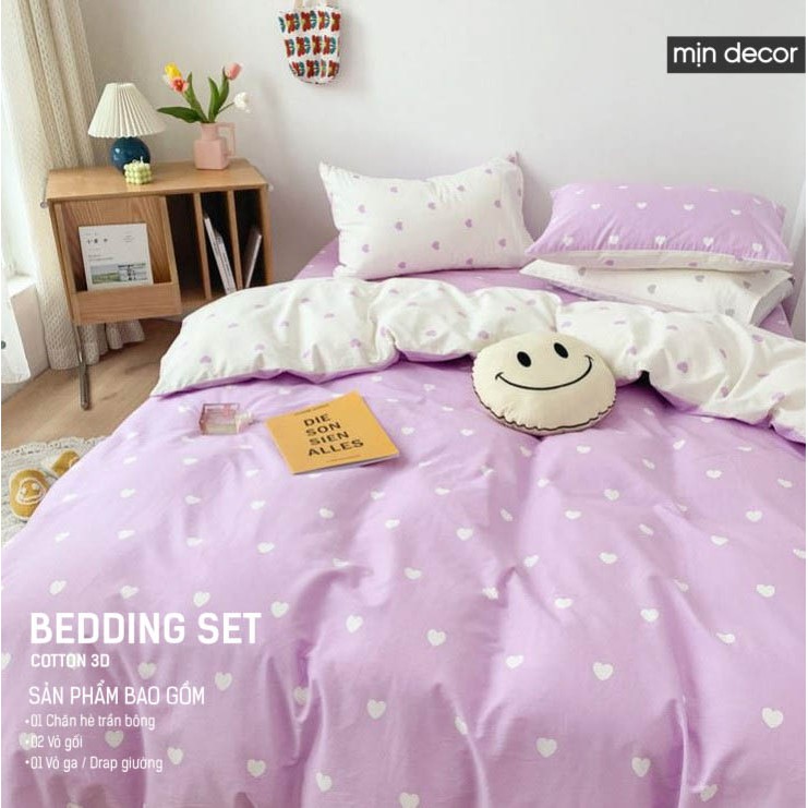 Bộ chăn ga gối Cotton 3D Mịn Decor 2021 - Bộ ga giường và vỏ chăn gối họa tiết tim nhiều màu, sử dụng cả 2 mặt | BigBuy360 - bigbuy360.vn