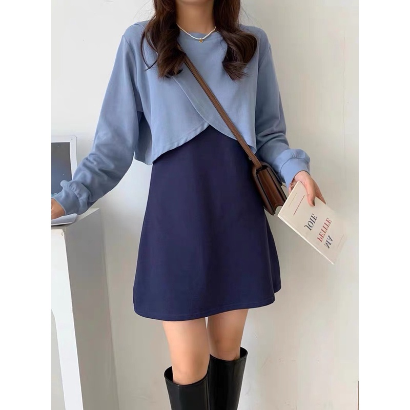 Taobao có sẵn - Set váy ba lỗ kèm áo croptop tay dài 3 màu