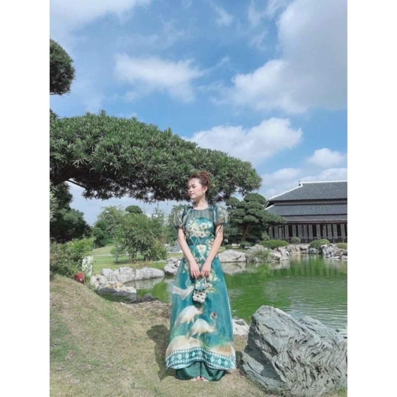 Áo dài cách tân Dã Hạc xanh rêu 4 tà kết đính sang chảnh áo dài đi tiệc cưới lễ tết