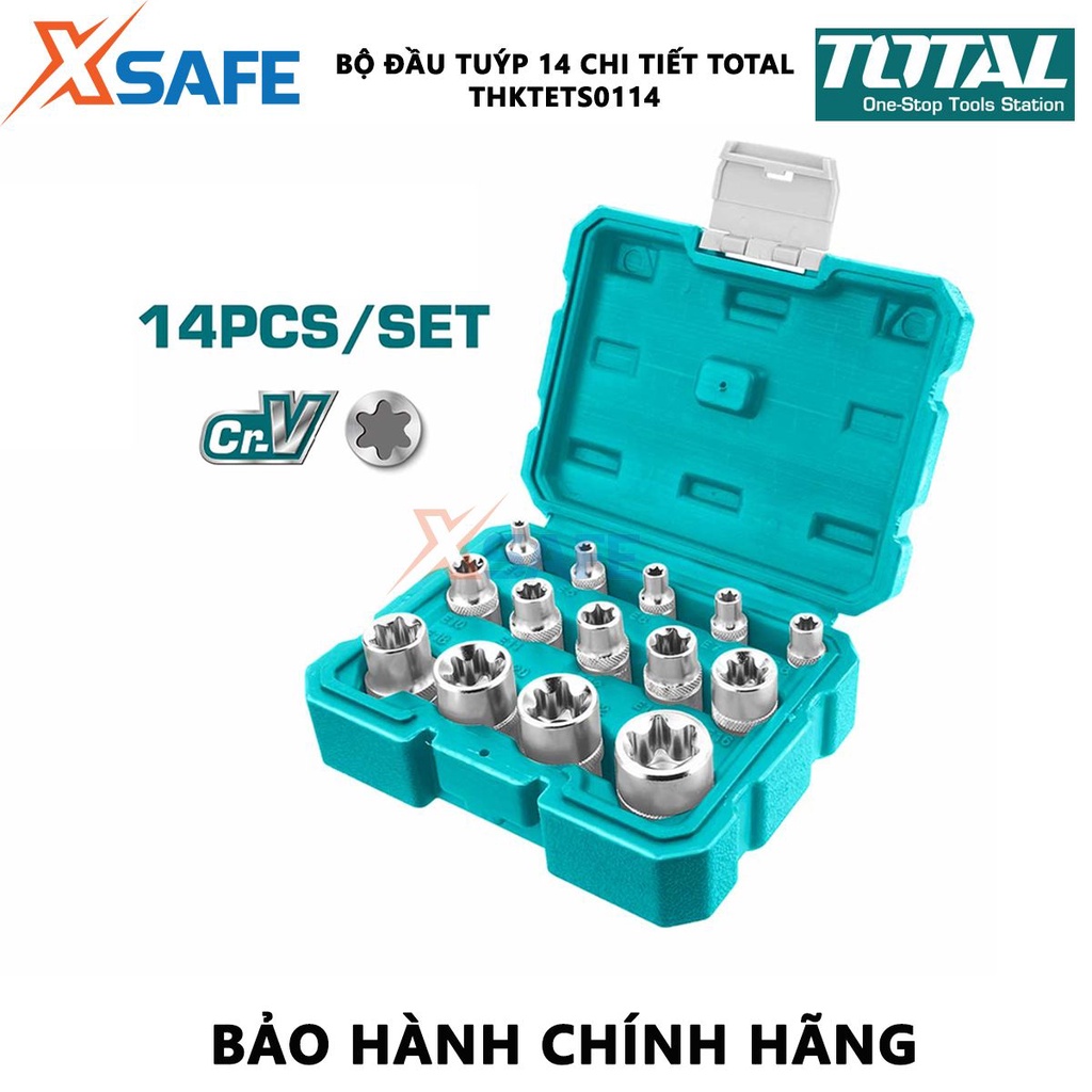 Bộ đầu tuýp 14 chi tiết TOTAL THKTETS0114 | bộ 14 tuýp loại E chất liệu CR-V (50BV30) gồm 5 đầu tuýp 1/4 inch