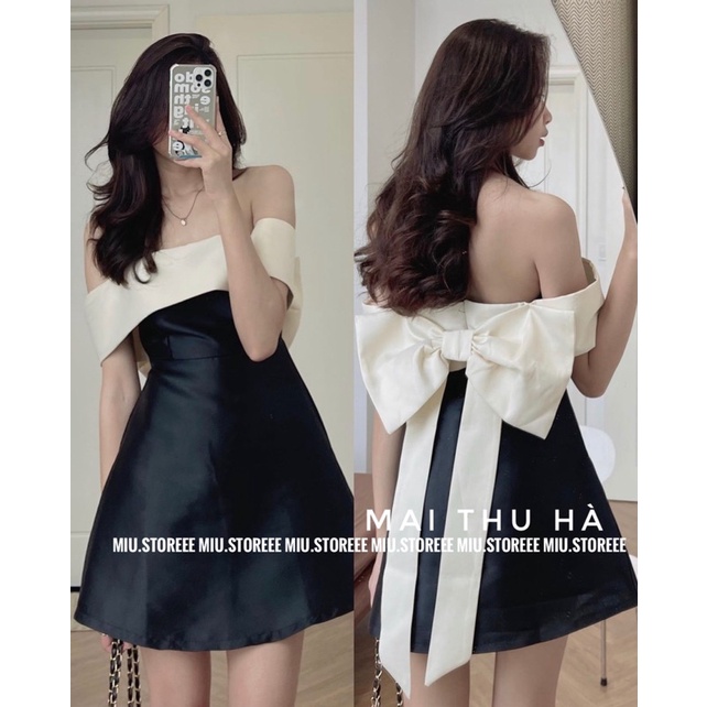 [ẢNH THẬT] VÁY ĐẦM ĐEN TRỄ VAI PHỐI NƠ BE KEM XINHH ĐI TIỆC