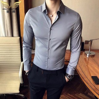 Áo sơ mi nam xám không nhăn tay dài công sở hàn quốc trơn vải mềm mịn, thoáng mát, không nhăn, dễ là ủi, trung niên.
