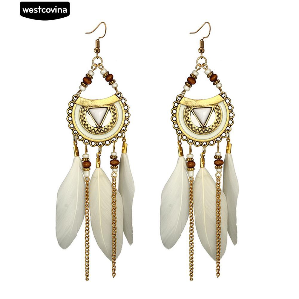 Đôi Khuyên Tai Kiểu Móc Lông Vũ Và Hạt Tua Rua Phong Cách Dân Tộc Cho Phụ Nữ