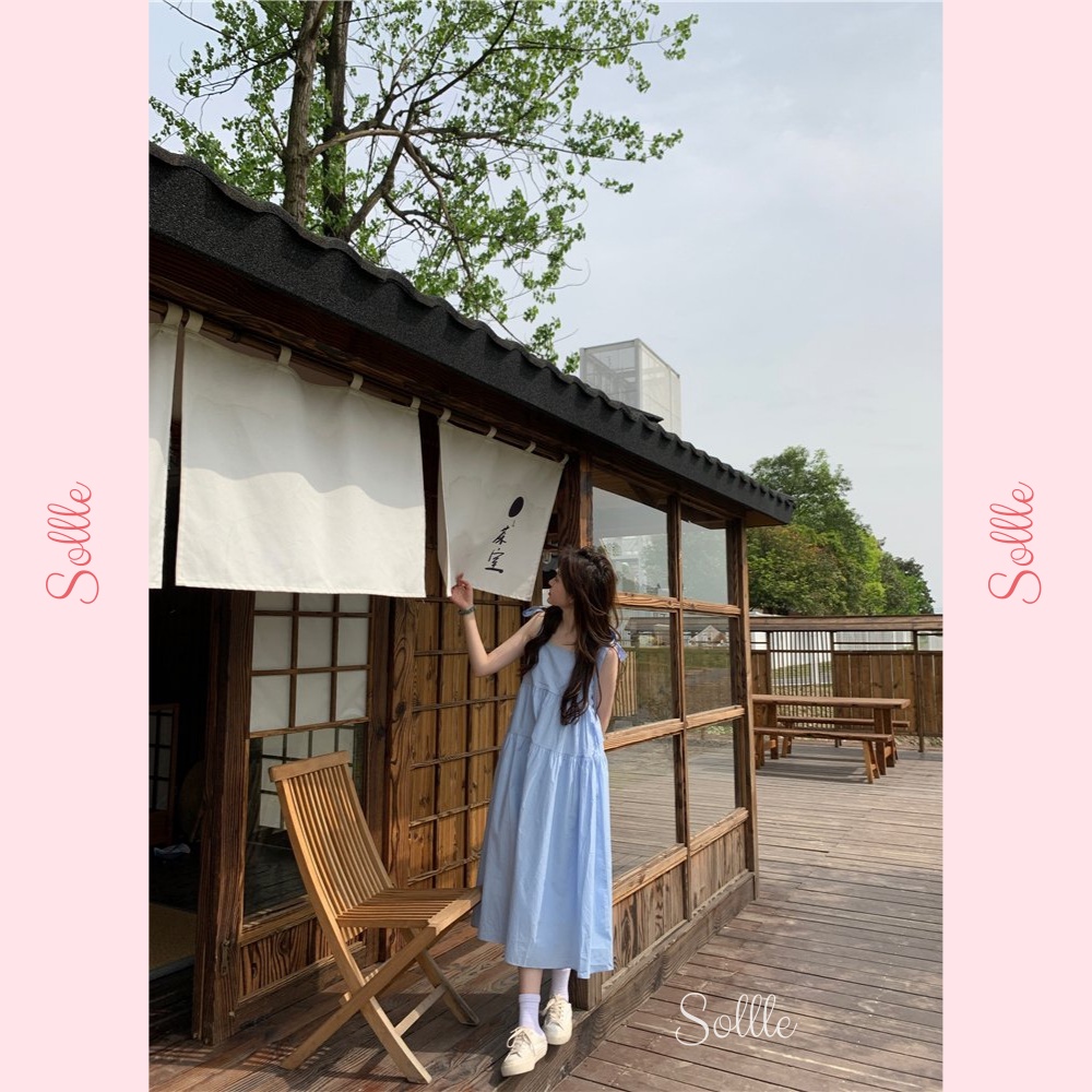 Đầm váy maxi nữ 2 dây thắt nơ vai 3 tầng babydoll trắng xanh trơn dáng dài đi biển Hàn Quốc Sollle