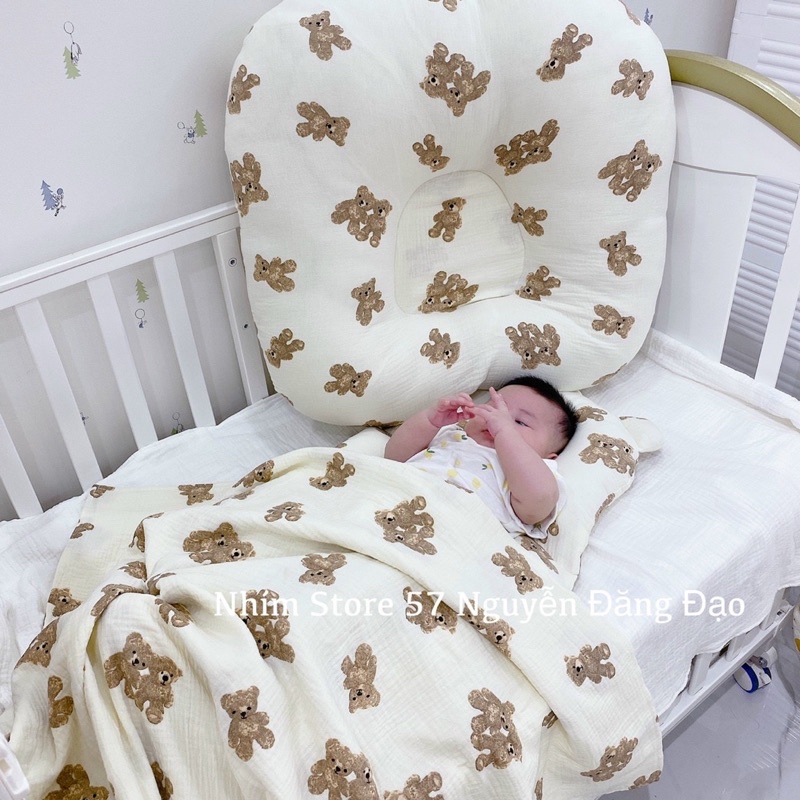 vải xô muslin 2 lớp hình con gấu teddy