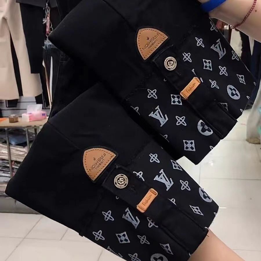 Quần jean ống rộng co giãn lưng cao thêu chân cho phụ nữ vào mùa xuân 2022