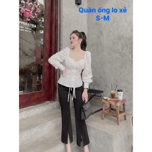 Áo sơmi tay dài cổ vuông đan thắt dây eo.