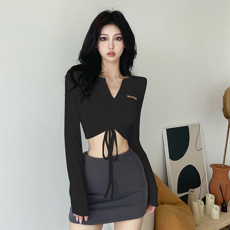 Kliou Áo thun KLIOU croptop tay dài cổ chữ V thiết kế dây rút màu trơn phong cách Hàn Quốc thời trang dành cho nữ