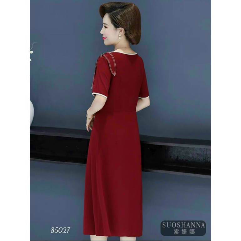 Đầm trung niên viền tay áo, dài qua gối chất cotton lạnh  mặc mát phong cách sang chảnh quý phái