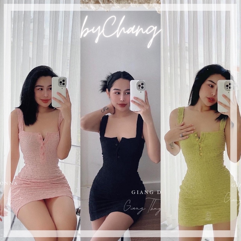 Đầm Xốp Nhăn Dây Bản To Body Ôm Dáng Hot Hit byChang có kèm hình thật