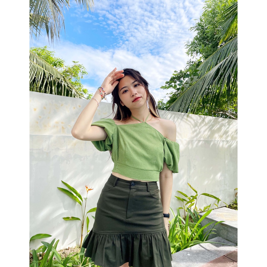 Chây váy kiểu 2 lớp xếp li dưới thời trang GAGO màu rêu GO4060