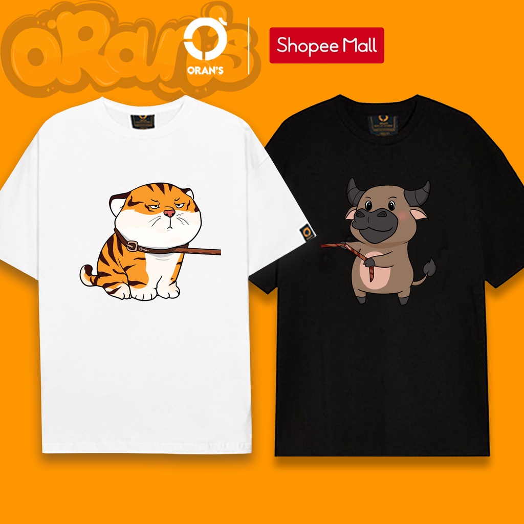 Áo gia đình ORANS in hình con trâu kéo con hổ 07 tay lỡ Oversize chất COTTON 4C, FULLBOX COUPLE TEE - ORAN'S