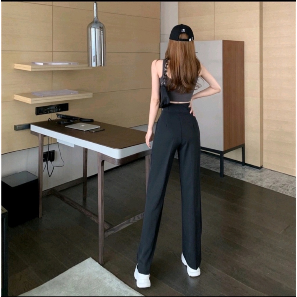 Quần ống rộng nữ lưng cao 2 khuy dáng suông dài chất vải mềm màu đen trơn - Quần ống suông cạp cao gen bụng khóa trước