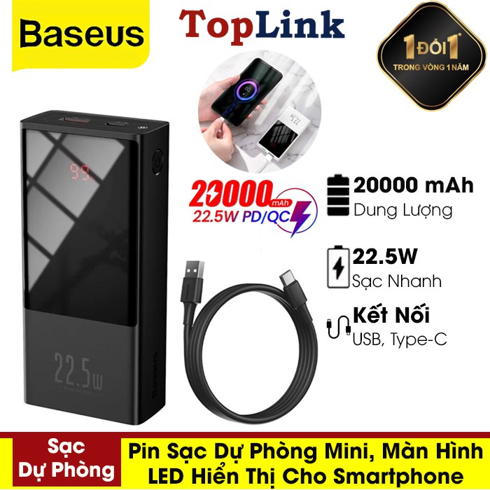 Pin Sạc Dự Phòng Baseus 22.5W Power Bank 20000mah USB C PD Có Đèn LED Màn Hình Led Sạc