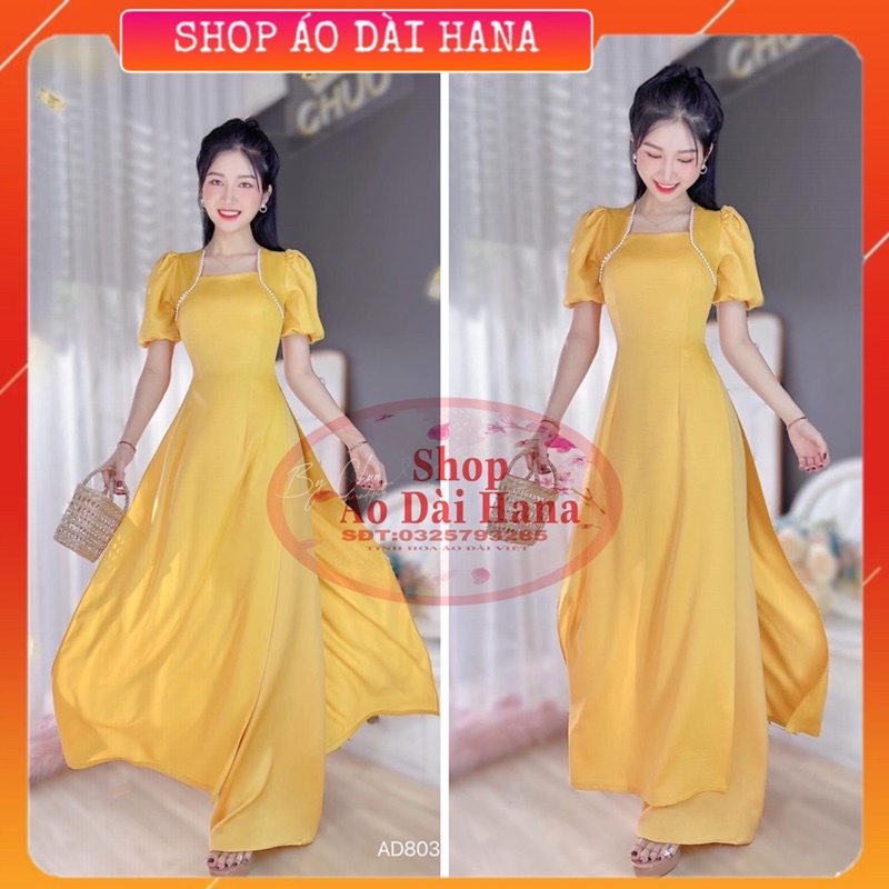 Áo dài cách tân nữ tay bồng cổ vuông đính ngọc ở thân, áo dài vàng tay bồng ngắn 2 tà xinh, hàng may sẵn