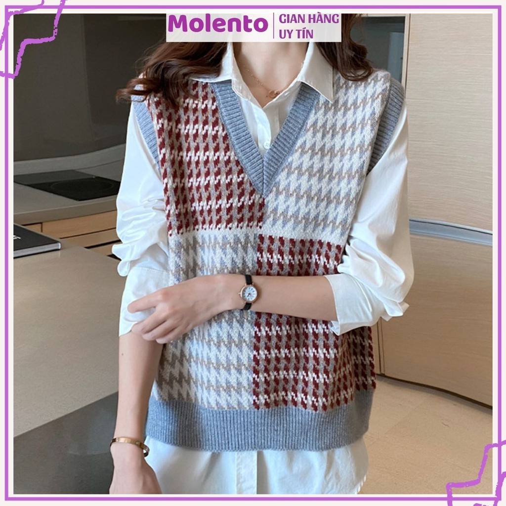 Áo Gile Len Nữ Ulzzang Hàn Quốc MOLENTO Áo Len Cổ V Dày Dặn, Mềm Mịn Cực Ấm Thời Trang Vintage - M68