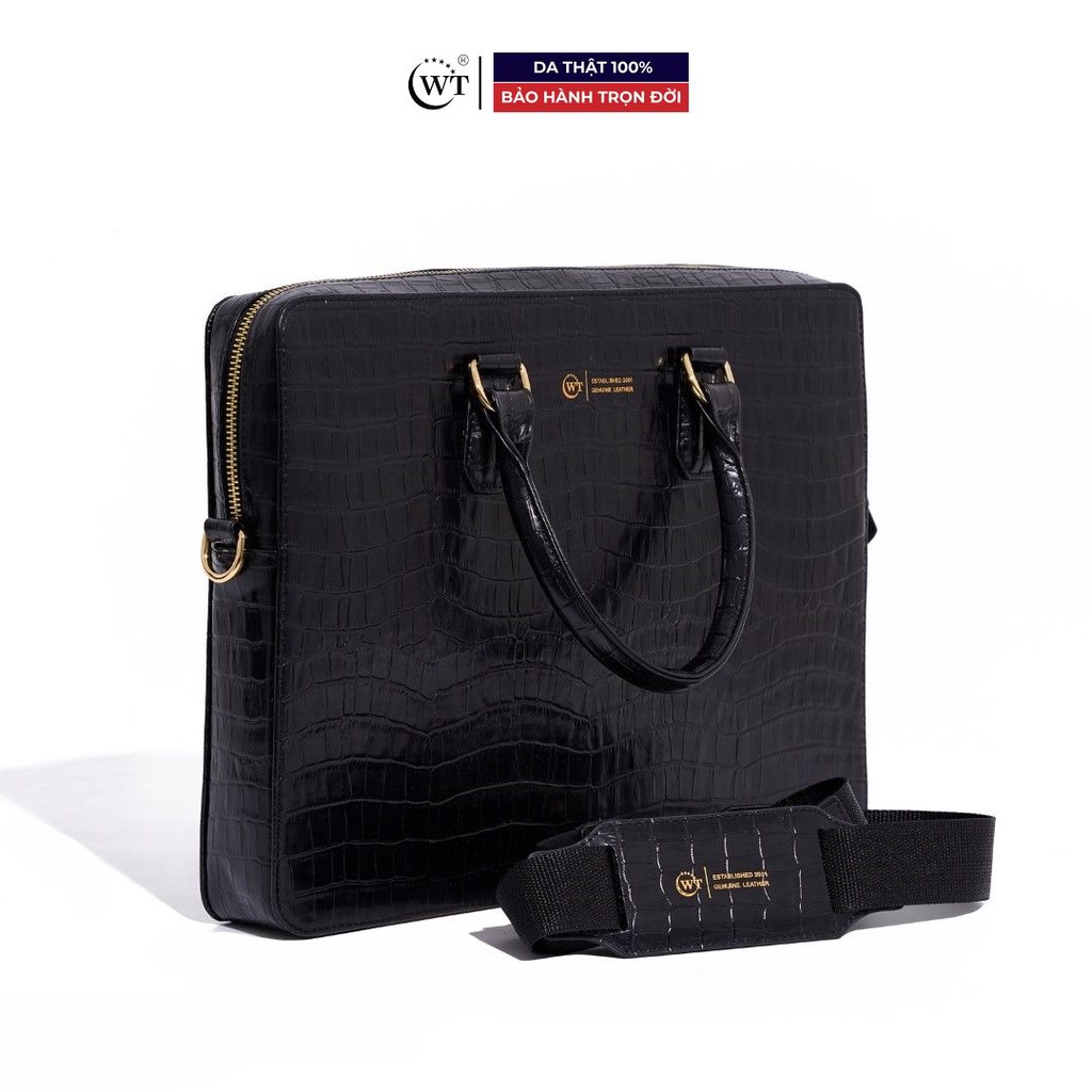 Túi Xách Nam Da Bò Cao Cấp Có Quai Đeo Màu Đen WT Leather STAMP-CROC