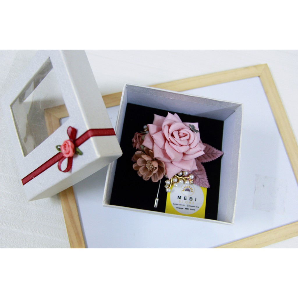 (Ảnh thật 100%) Hoa cài áo hoa hồng cánh nhọn siêu xinh màu hồng phấn (no box)
