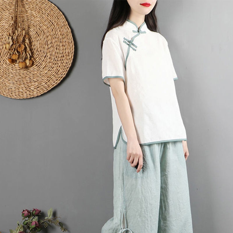 Áo Thun cotton Lanh Tay Lửng Cổ Đứng Cài Khuy Kiểu Sườn Xám Trung Hoa Thời Trang Mùa Hè 2022 Mới 2022