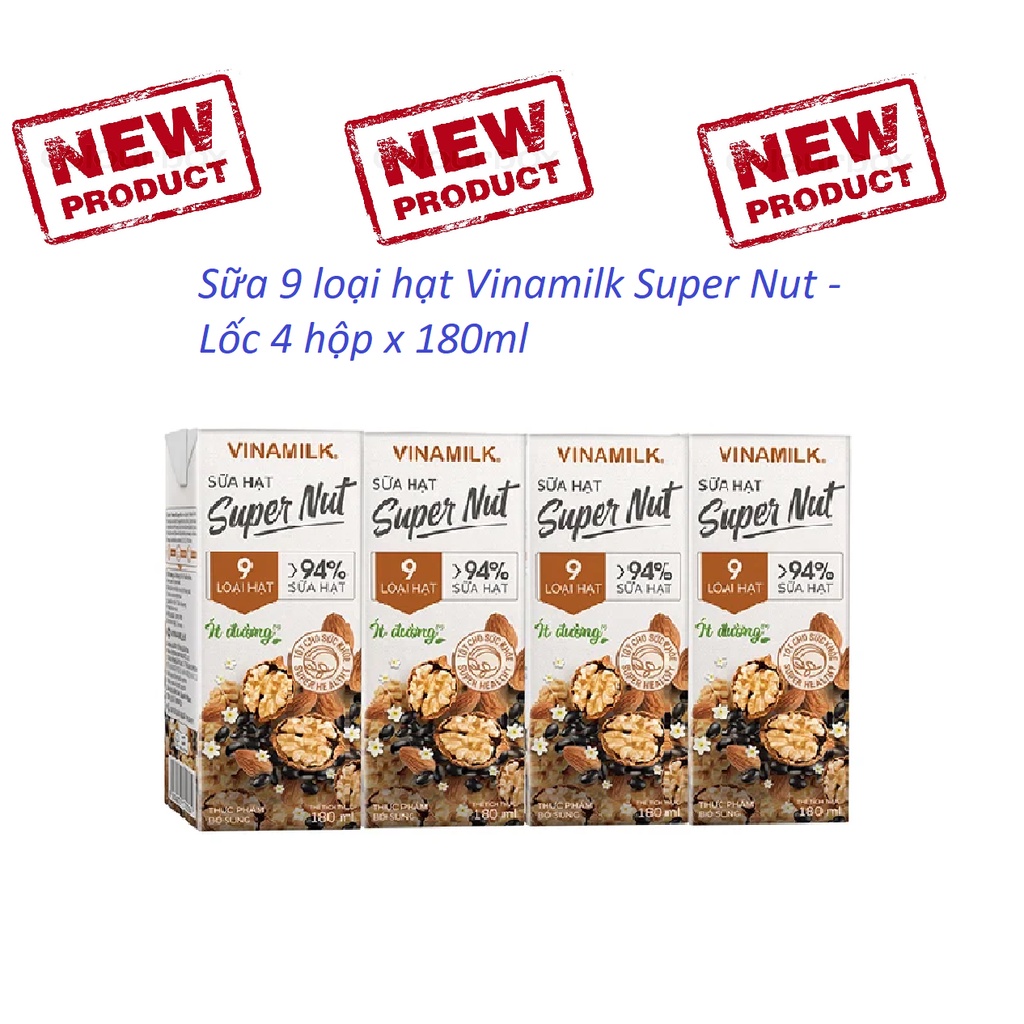 1 lốc Sữa 9 loại hạt Vinamilk Super Nut Ít đường - Lốc 4 hộp x 180ml
