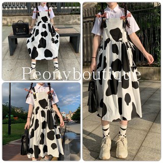 Váy Yếm Bò Sữa Dáng Dài PEONYB Nữ [FREESHIP] 🌸 Đầm midi 2 dây xòe phối dây nơ, thun loang màu trắng đen Ulzzang HOT 🌸