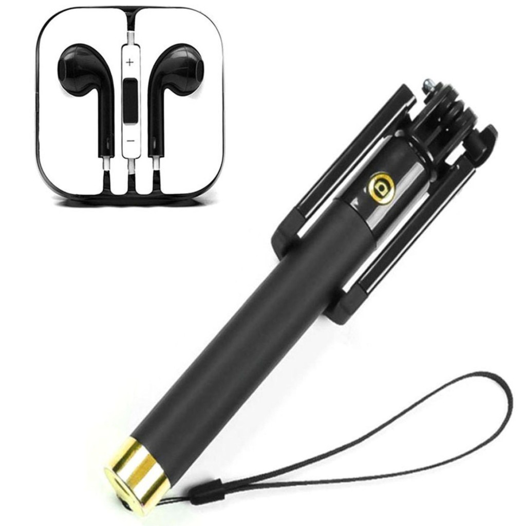 Bộ 1 Gậy chụp hình Selfie Stick (Đen phối vàng) và 1 Tai nghe nhét tai UV100 (Đen)