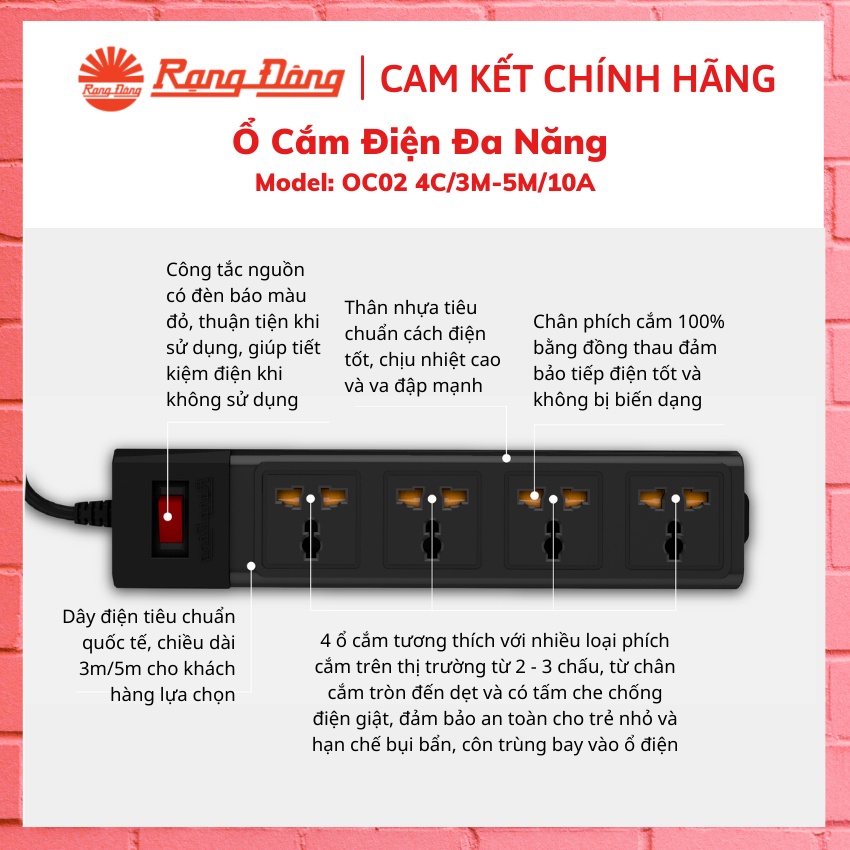 Ổ Cắm Điện Đa Năng Dây Dài 3M/5M - Model: OC02 4C/3M-5M/10A– Ổ Cắm 3 Chân Tròn, Dẹt – Chính Hãng Rạng Đông