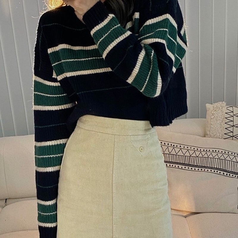 Áo len kẻ croptop 2 màu tocjean dày dặn