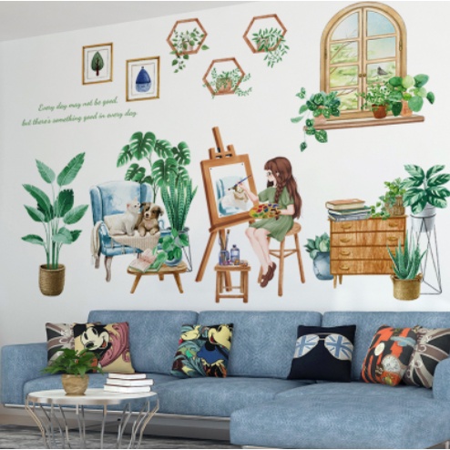 Decal trang trí tường - Cô gái vẽ tranh và 2 bạn cún trên sofa