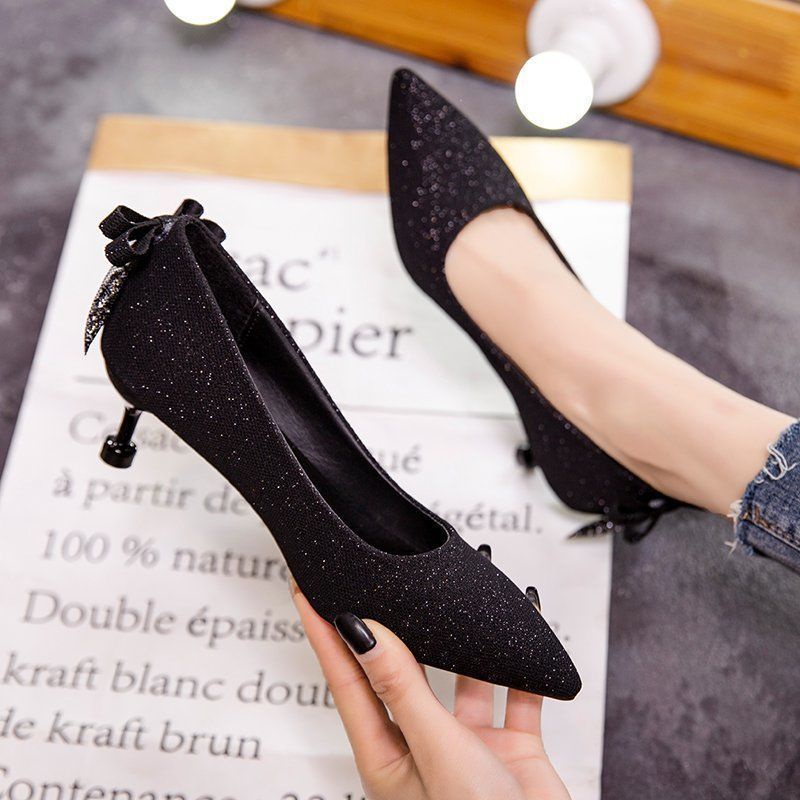 Giày Cao Gót Mũi Nhọn Màu Đen Thời Trang Xuân 2022 Sang Trọng Cho Nữ