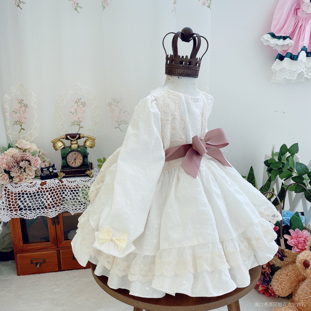 Đầm Công Chúa Lolita Phối Lưới Dễ Thương Màu Be In Hoa Dành Cho Bé Gái Sơ Sinh