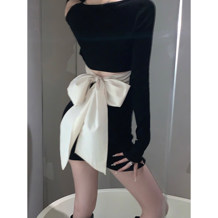 Hot girl bow dress women's 2022 close-fitting sheath skirt black chic sweet and spicy skirt OVFS