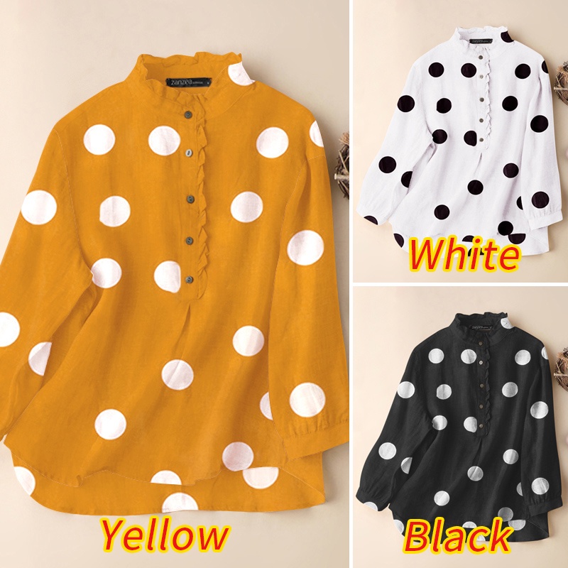 Zanzea Áo Tay Dài Cổ Đứng Nhún Bèo Họa Tiết Chấm Bi Dành Cho Nữ