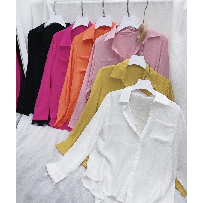 Áo sơ mi nữ tay dài from rộng basic 1 túi chất đũi mát màu sắc hottrend loại 1 chuẩn shop